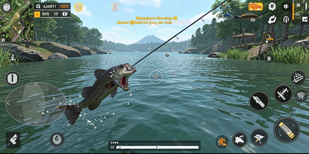 Tampilan gameplay AJAIB11 dengan berbagai ikan dan lokasi memancing.
