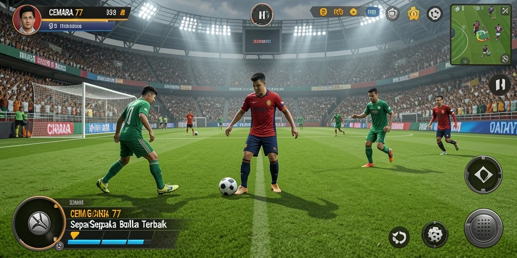 Tampilan layar permainan CEMARA77 dengan aksi sepak bola yang mendebarkan.