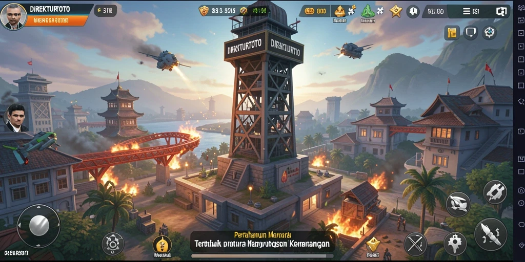 Screenshot dari gameplay <strong>DIREKTURTOTO</strong> yang menampilkan pertahanan menara yang intens.