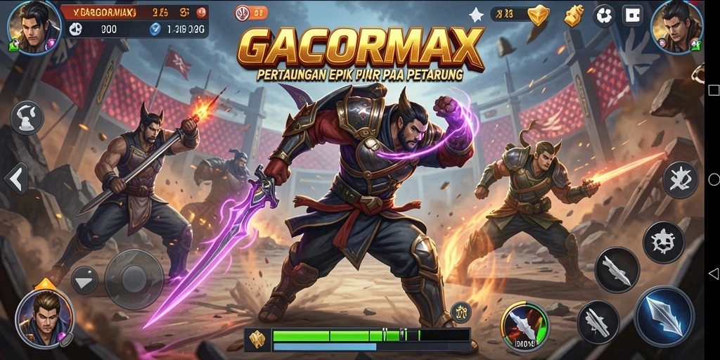 Tampilan seru pertarungan dalam GACORMAX dengan berbagai karakter.