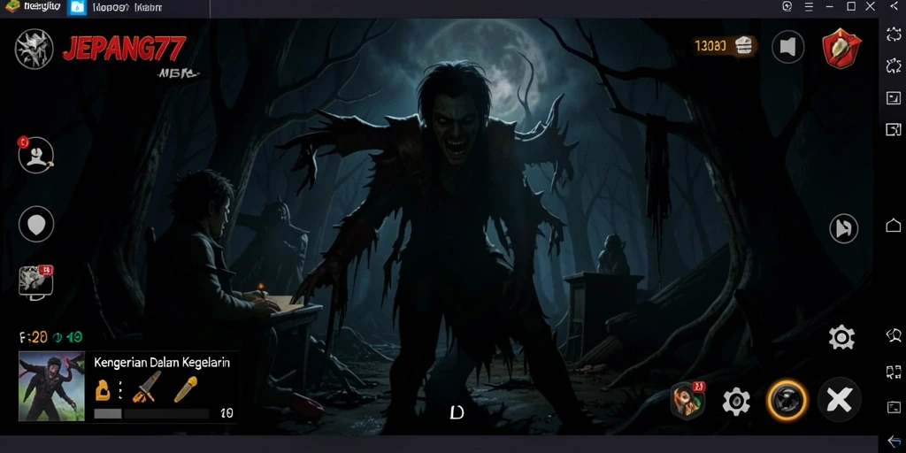 Screenshot gameplay JEPANG77 menampilkan momen menegangkan saat pemain dikejar hantu.