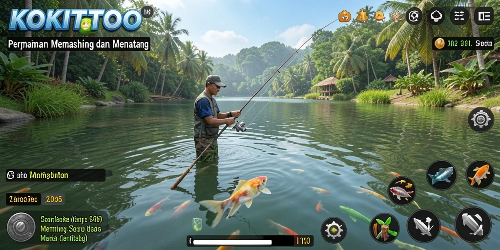 Tampilan gameplay KOKITOTO yang menampilkan aktivitas memancing yang seru.