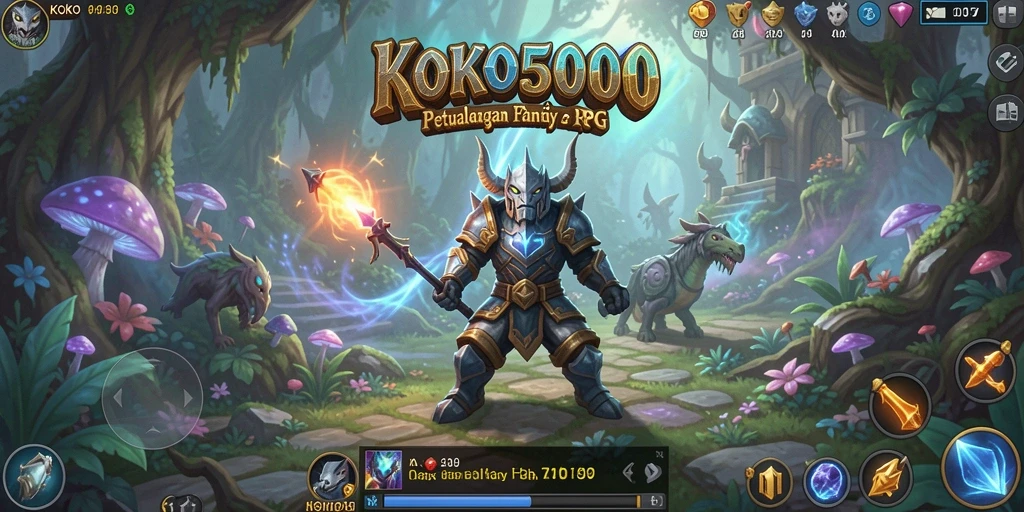 Screenshot KOKO5000 menampilkan pertempuran epik di dunia fantasi.