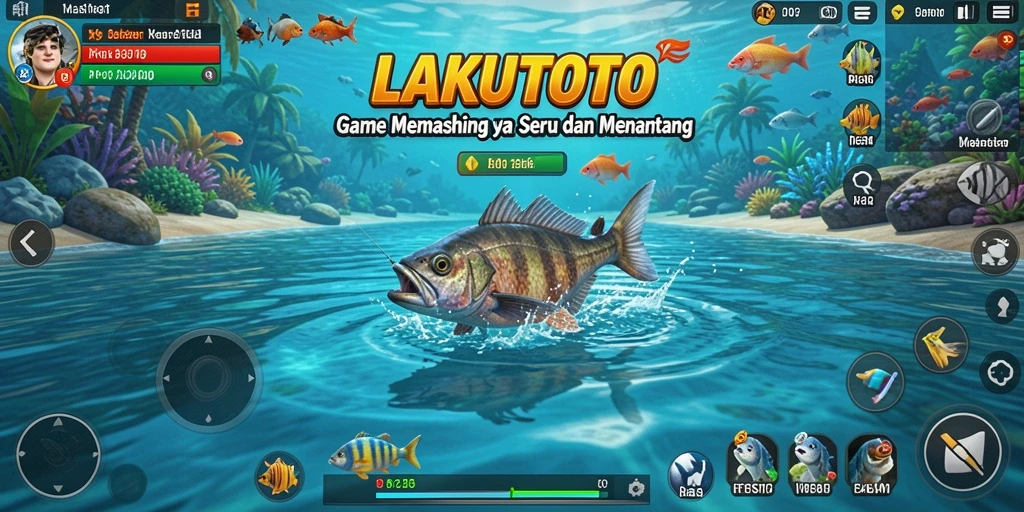 Screenshot gameplay LAKUTOTO menampilkan aksi memancing yang seru dan pemandangan indah.
