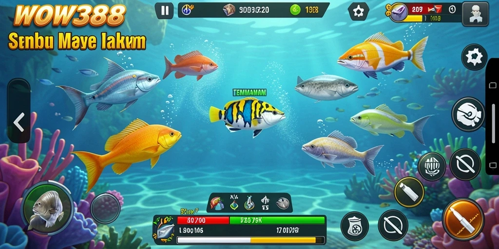 Screenshot tampilan gameplay seru Tembak Ikan WOW388.