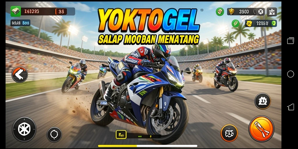 Screenshot gameplay YOKTOGEL yang menunjukkan balapan motor yang intens.